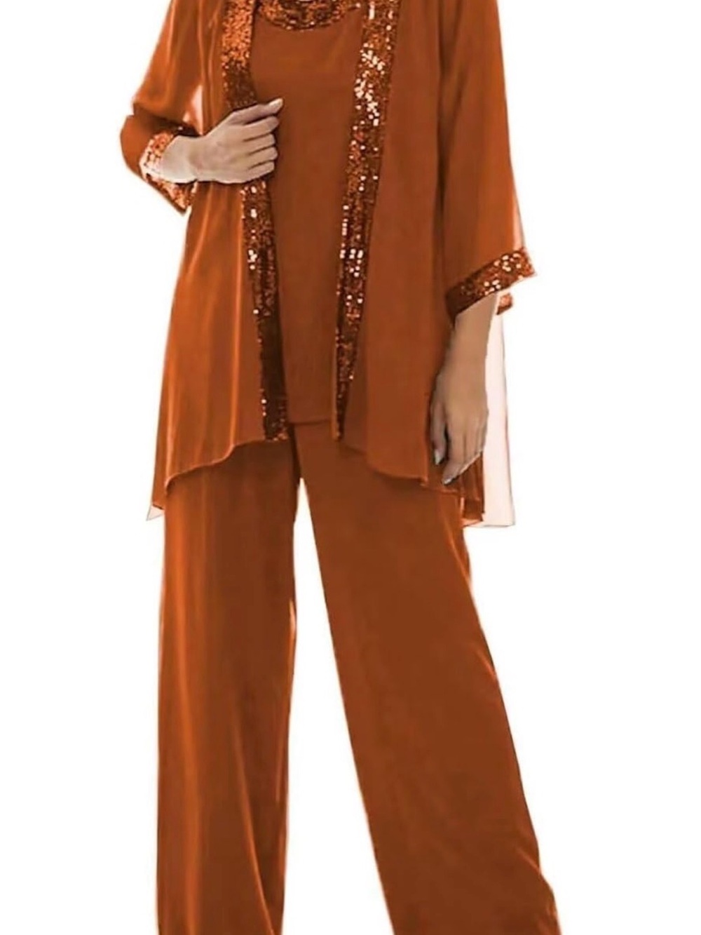 Rust Sequin-Trim Three-Piece Tunic & Wide-Leg Pant Set